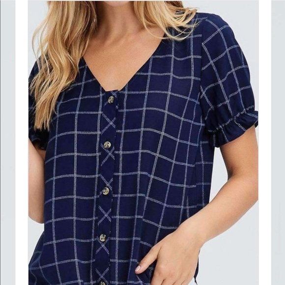 Cropped Button Down Blouse Navy Blue, Front Tie - Picture 2 of 8